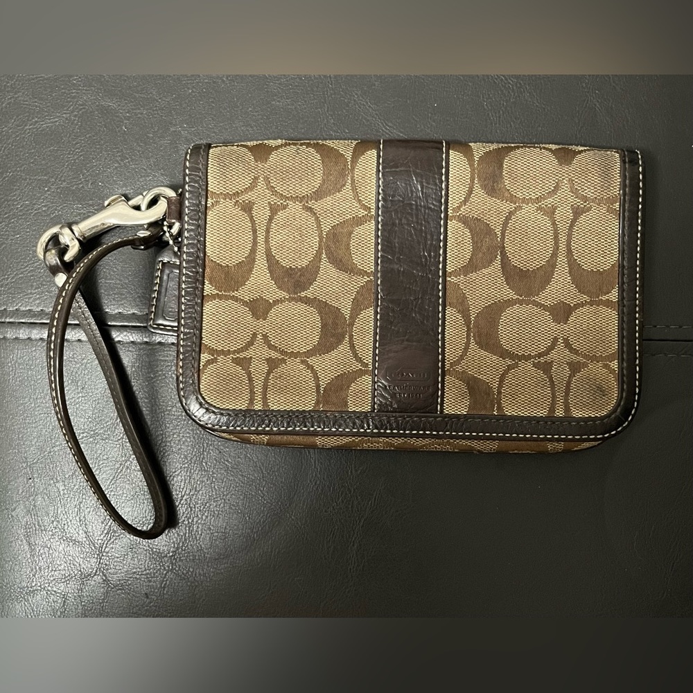 Coach - Brown Monogram Wristlet Wallet w/ Leather Trim